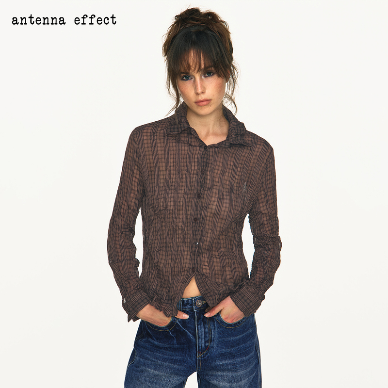 Antenna Effect Vintage-Style Lightweight Slightly Sheer Wrinkled Texture Plaid Slim-Fit Casual Collared Shirt Antenna Effect Vintage-Style Lightweight Slightly Sheer Wrinkled Texture Plaid Slim-Fit Casual Collared Shirt