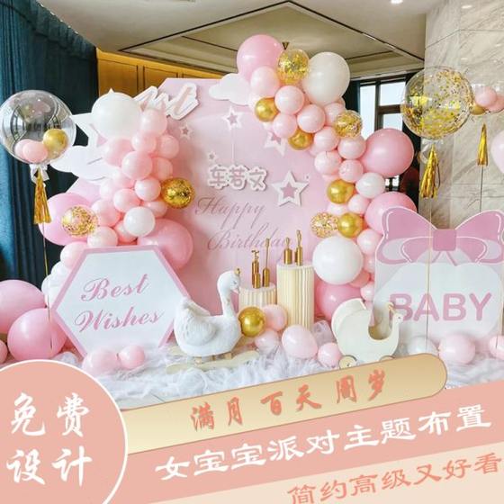 气球满月百日简约女生日布置背景墙套餐粉色宴宝宝装饰系kt板定制