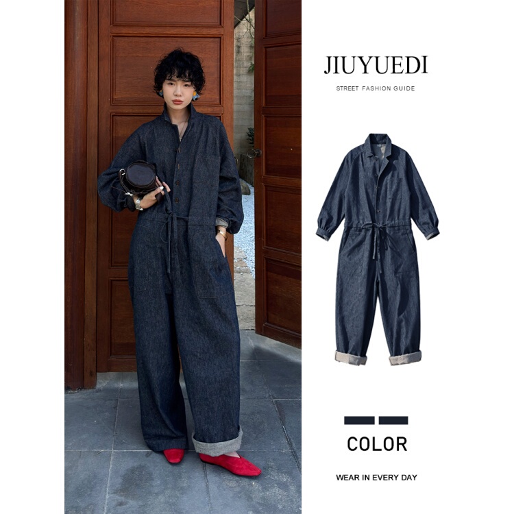 Jiuyuedi Late September 2026 New Spring/Summer Denim Style Jumpsuit for Women, Loose Fit, Slimming, Fashionable One-Piece Pants