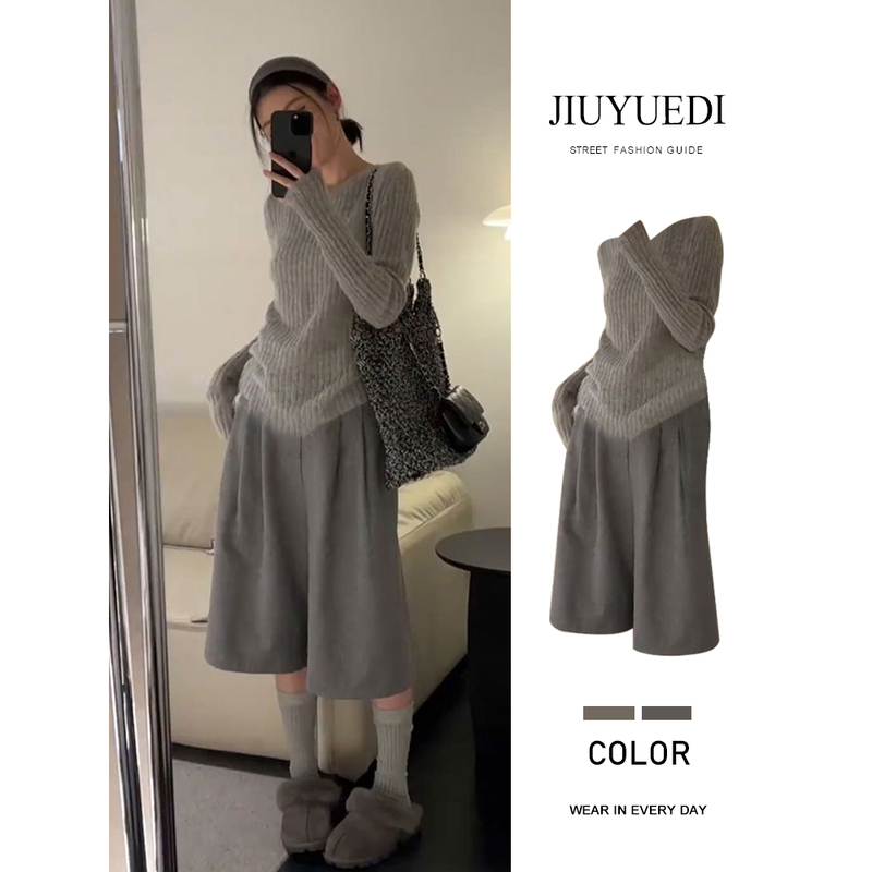 Jiuyuedi Late September Korean Style Lazy Knit Sweater Wide-Leg Pants Women's Early Autumn High-End Slimming Two-Piece Set Jiuyuedi Late September Korean Style Lazy Knit Sweater Wide-Leg Pants Women's Early Autumn High-End Slimming Two-Piece Set