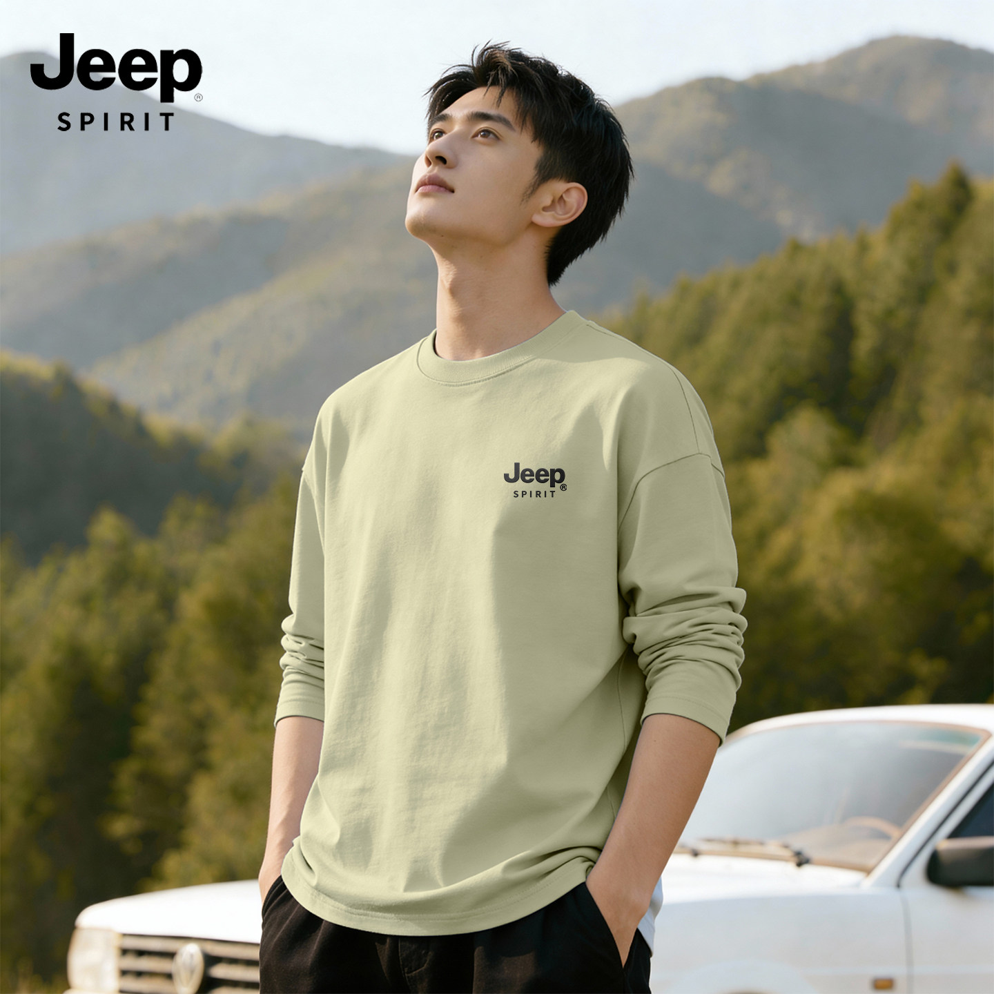 Мужская хлопковая футболка JEEP Jeep green, удобная износостойкая мужская футболка с длинными рукавами, новинка 2026 года, весенняя мужская футболка G