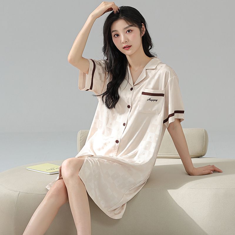 Summer Ice Silk Pajamas for Women 2026 New Cool Short-Sleeved Thin Cardigan Silk Summer Large Size Nightgown Home Wear