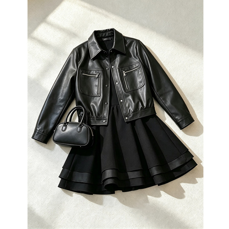 Elegant Mature Style Outfit for Women, Autumn Fashion, Loose Versatile Leather Jacket, Slim-Fit Long-Sleeve Dress, Trendy