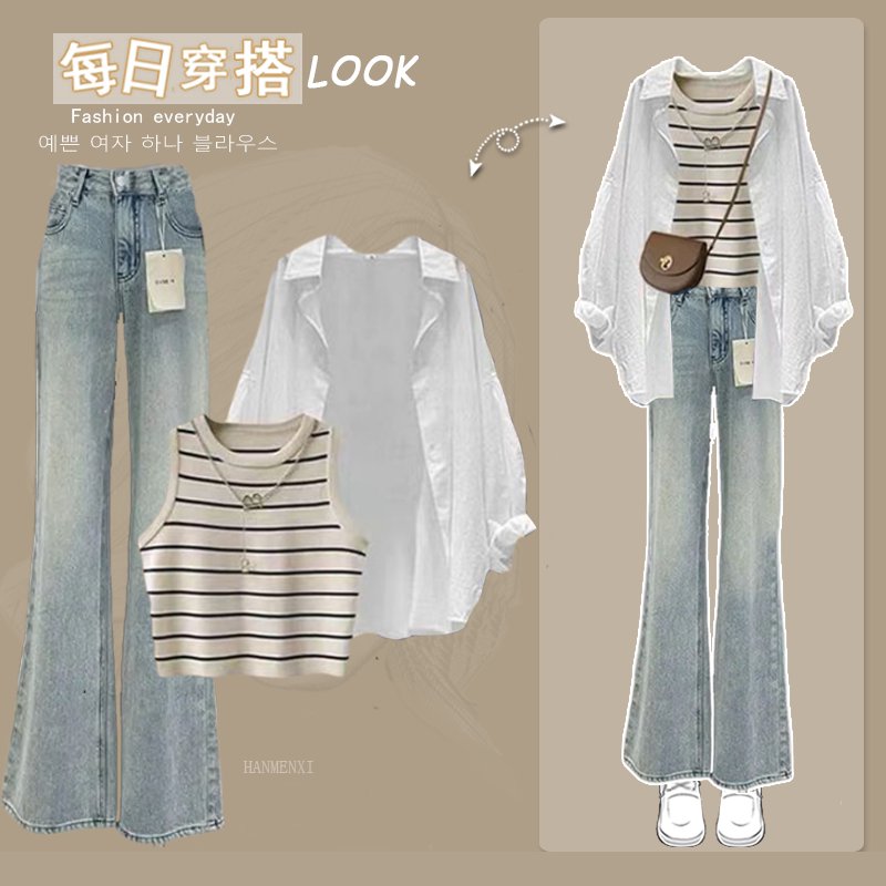 Korean Style Retro White Sun Protection Shirt Age-Reducing Vest Suit Women's Summer New Loose Jeans Two-Piece Trendy Set