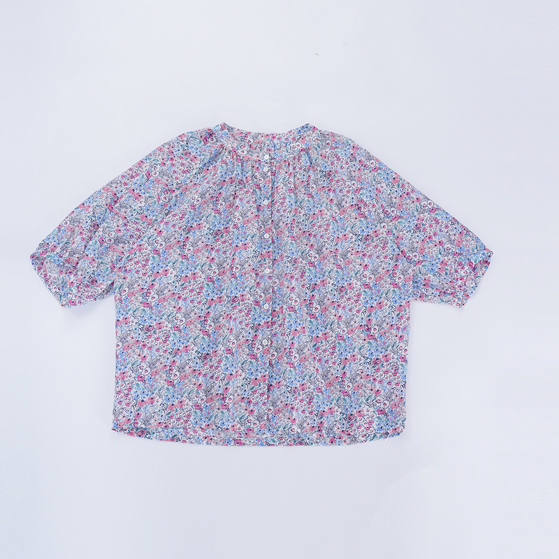 Ikigai Japanese Imported Floral Cotton Top for Women, Single-Breasted, Loose-Fitting, Breathable, Puff-Sleeve, Short Shirt