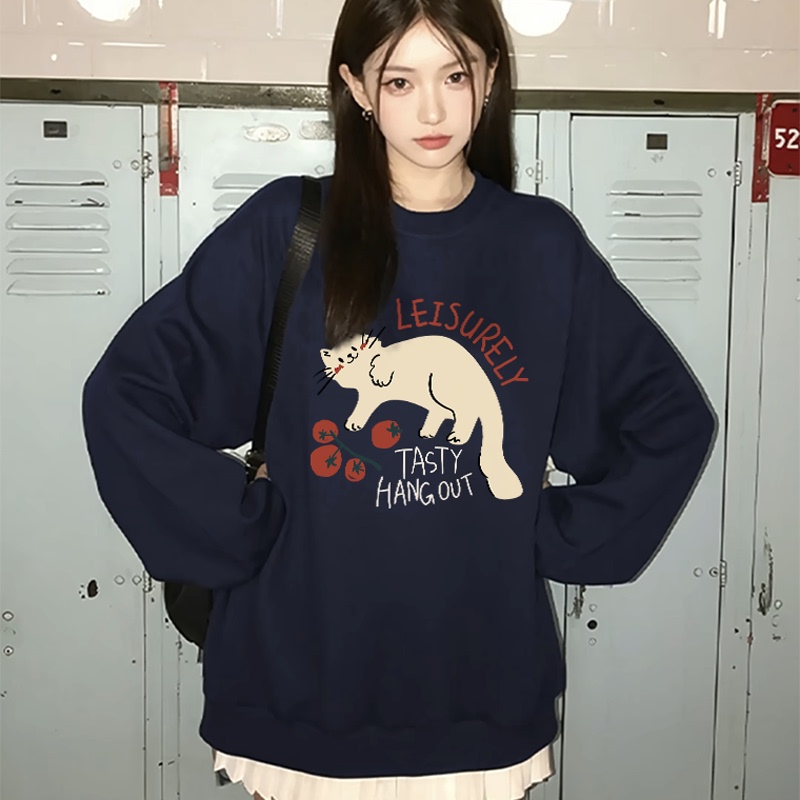 Oioi Rainss Korean Style Sweatshirt for Women, Cat and Tomato Design, 2025 New Popular Model, Autumn and Winter, Fleece-Lined Oioi Rainss Korean Style Sweatshirt for Women, Cat and Tomato Design, 2025 New Popular Model, Autumn and Winter, Fleece-Lined
