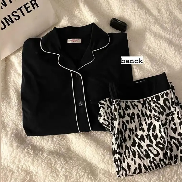 Spring and Summer Korean Style Pajamas for Women, Long-Sleeved, Trendy Black Leopard Print Cardigan, Autumn and Winter Home Wear, Thin Set 2025