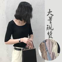 双曲冰丝针织衫女 套头纯色方领中袖T恤女夏装修身上衣 一件