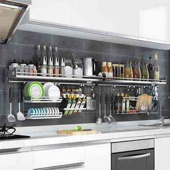 Kitchen storage shelf wall-mounted 304w stainless steel seasoning pot rack bowl and dish rack set for hole-free