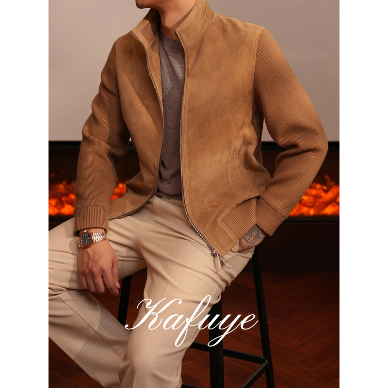 Kafuye Men's Clothing [100% Genuine Leather] Italian Old Money Style Stand Collar Leather Jacket Men's Outerwear Top 0795