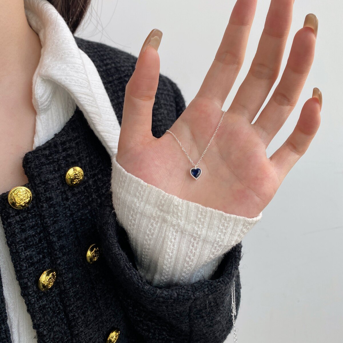 Серебряное ожерелье 原夏s925纯银蓝色水晶心形项链女时尚精致简约吊坠锁骨链饰品