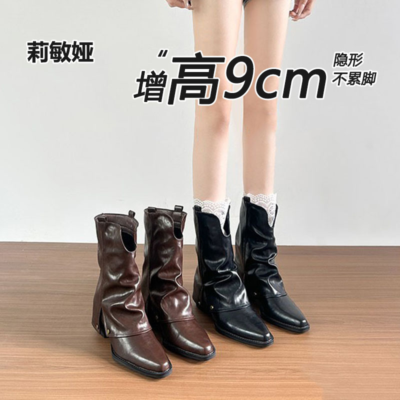 Genuine Leather 9cm High Heel Pointed Toe Retro Western Cowboy Boots for Women 2025 Autumn Height-Increasing Martin Short Boots