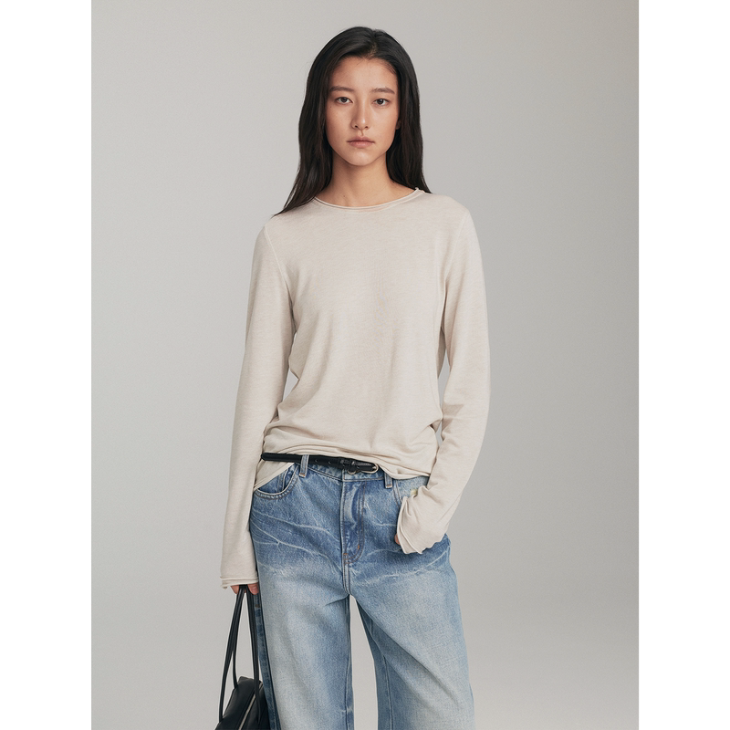 Unvvork Solid Color Versatile Slimming Rolled Collar Long-Sleeve Top T-Shirt