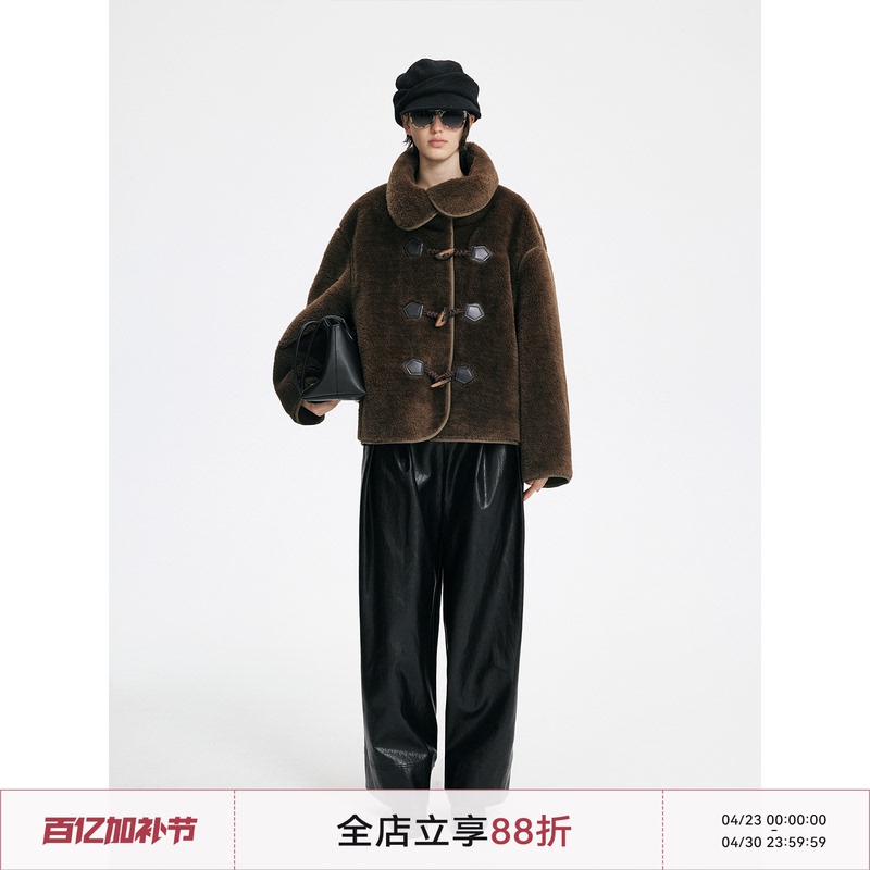Unvvork Imitation Lamb Wool Pu Composite Loose Toggle Button Lapel Jacket