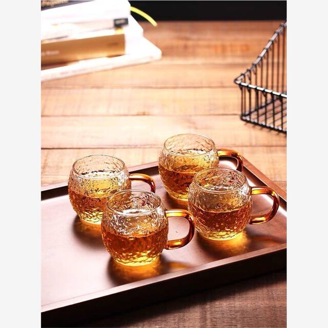 Japanese-Style Heat-Resistant Hammered Glass Small Tea Cup, High-Temperature Resistant, Explosion-Proof High Borosilicate Glass Tasting Cup with Handle, Kung Fu Tea Cup