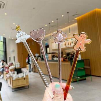 Starba Style Glass Stirring Stick, High Aesthetic Value, Long Handle, Christmas Tree Design, for Juice, Coffee, Cocktail, DIY Finger Stick