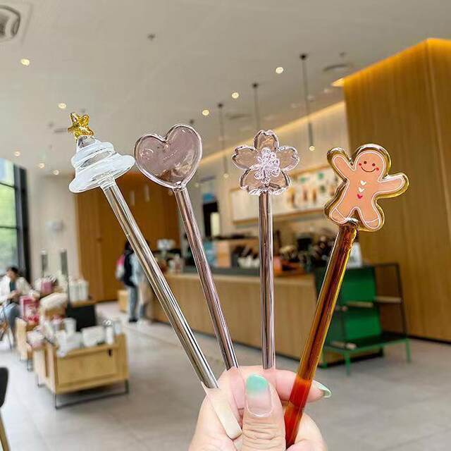 Starba Style Glass Stirring Stick, High Aesthetic Value, Long Handle, Christmas Tree Design, for Juice, Coffee, Cocktail, DIY Finger Stick