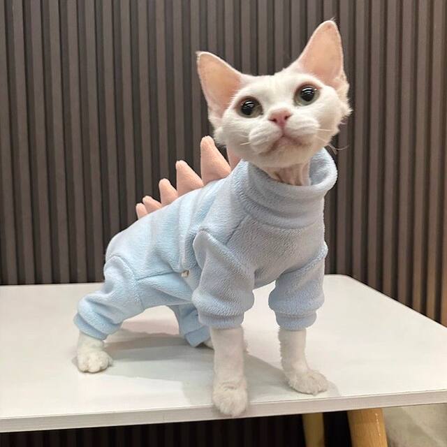 Pet Four-Legged Clothing with Fleece Lining to Protect the Belly, Small Dinosaur-Style Clothes for Hairless Cats, Sphynx Cat Clothes, Devon Cat Clothes