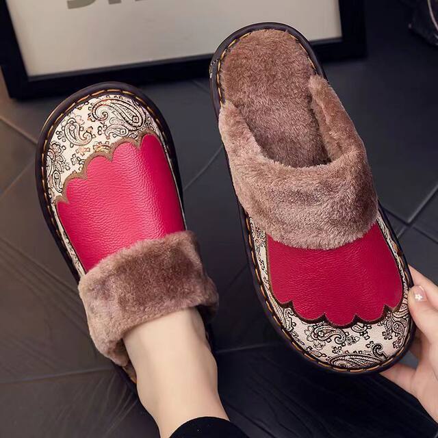 Haining Genuine Leather Home Indoor Leather Slippers, Winter Warm Non-Slip Slippers for Men and Women, Couple's Plush Bedroom Cotton Slippers