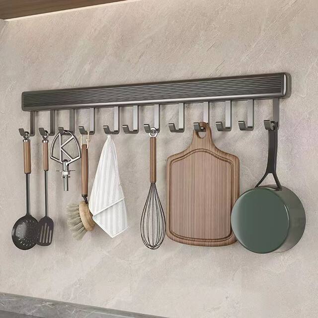New Kitchen Hook Rack Wall-Mounted Space Aluminum Utensil Holder for Hanging Spoons and Spatulas, No-Drill Storage Rack