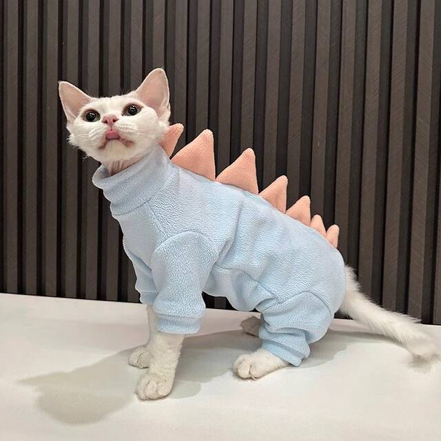 Pet Four-Legged Clothing with Fleece Lining to Protect the Belly, Small Dinosaur-Style Clothes for Hairless Cats, Sphynx Cat Clothes, Devon Cat Clothes