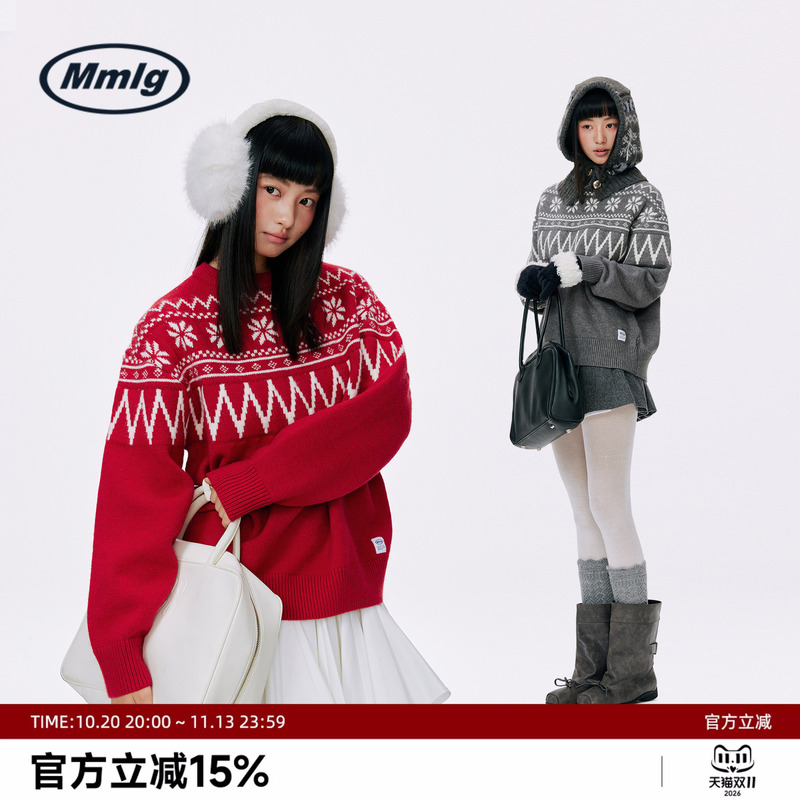 Mmlg Trendy Brand 2025 Winter New Retro Red Pullover Sweater with Christmas Atmosphere and Snowflake Pattern, Unisex