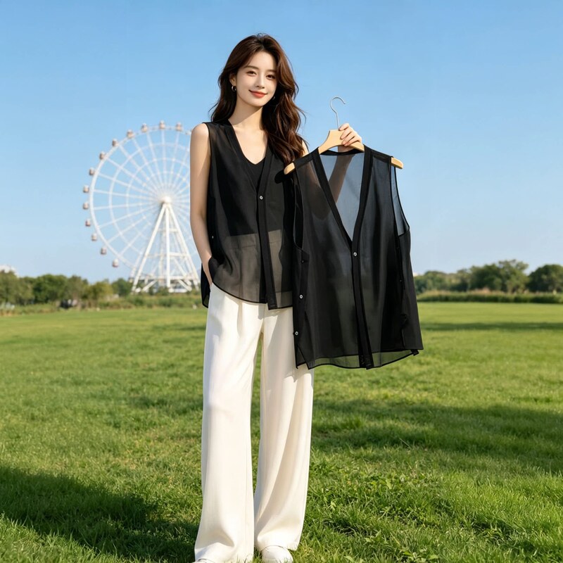 Summer Vest 2026 New Style Women's Thin Jacket Single-Button Drape Chiffon Black Casual Vest