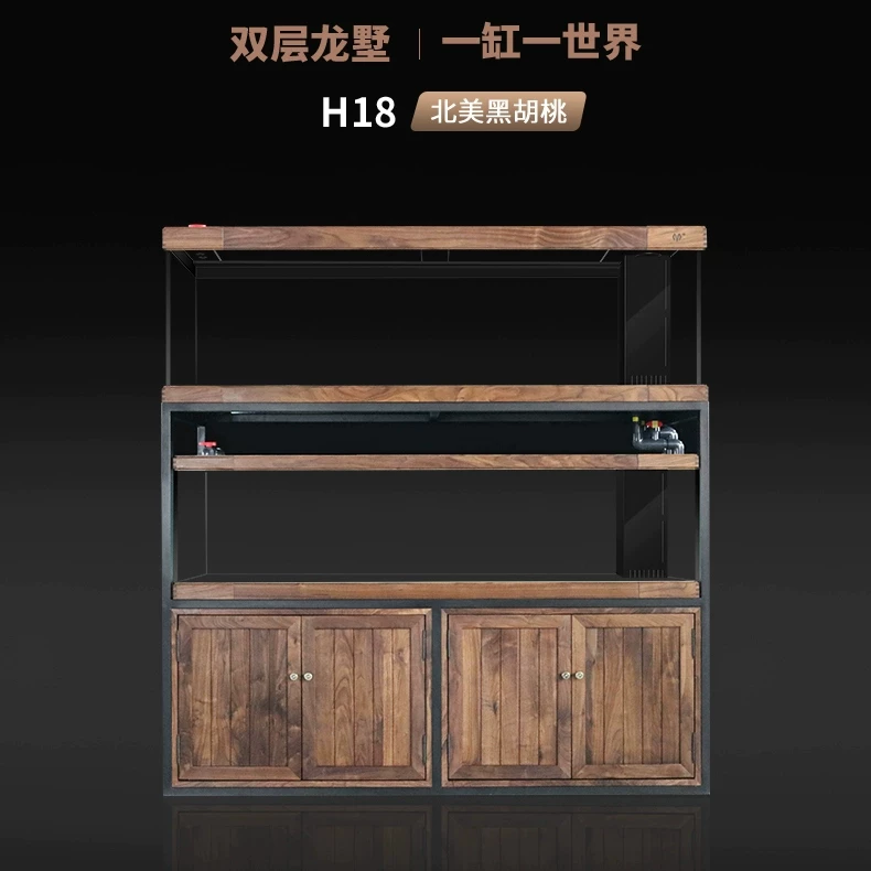满堂鸿双层龙墅H18黑胡桃钢木结构落地鱼缸实木定制专利静音龙缸 detail 6