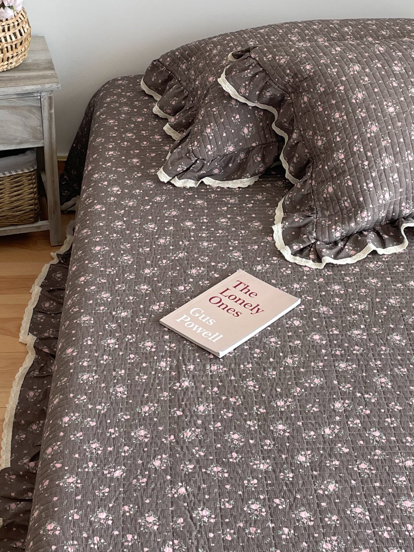 Корейский стеганый комплект постельного белья из 100% хлопка с мелким цветочным принтом и кружевной отделкой, 3 предмета