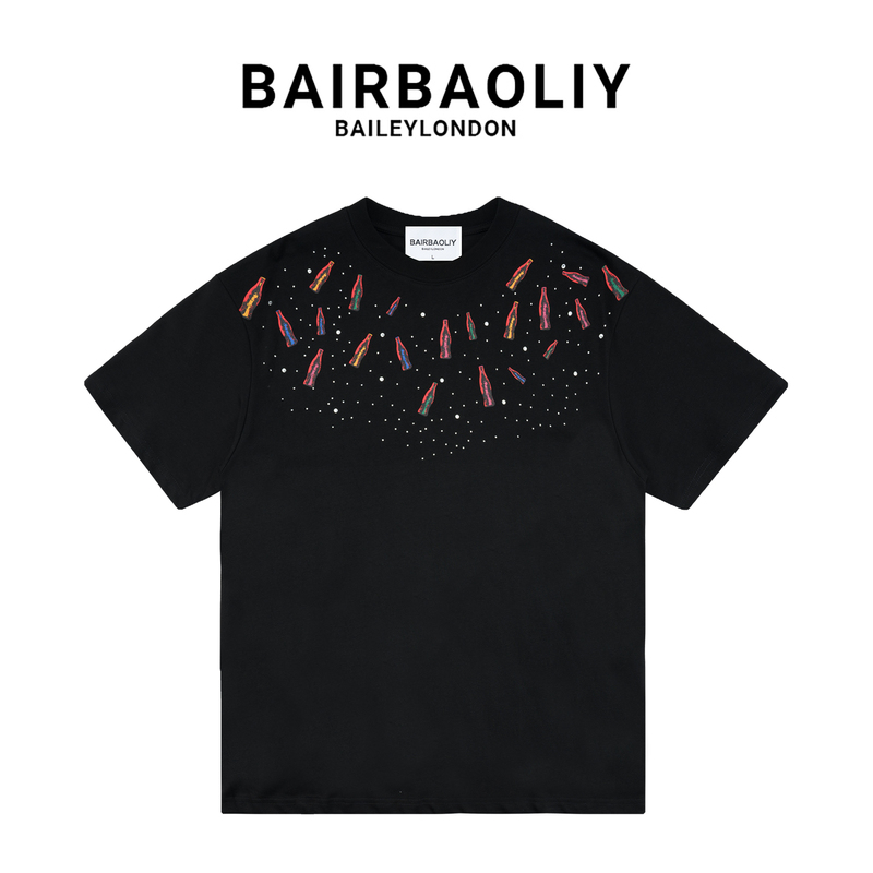 Bairbaoliy/Bairbuli Hot-Stamped T-Shirt with Cola Design Pattern, Summer Round Neck Casual Short-Sleeve Shirt, Printed Version