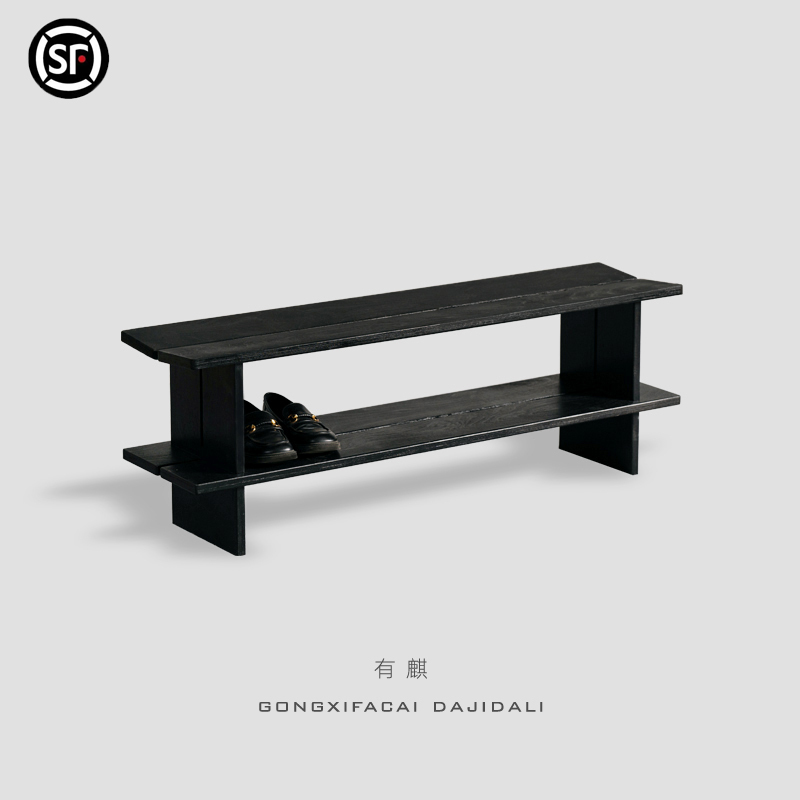 Youqi Simple Double-Layer Shoe Rack Ocean Board Shoe-Changing Chair Entryway Chair Black Solid Wood Bed End Stool Cafe Bench