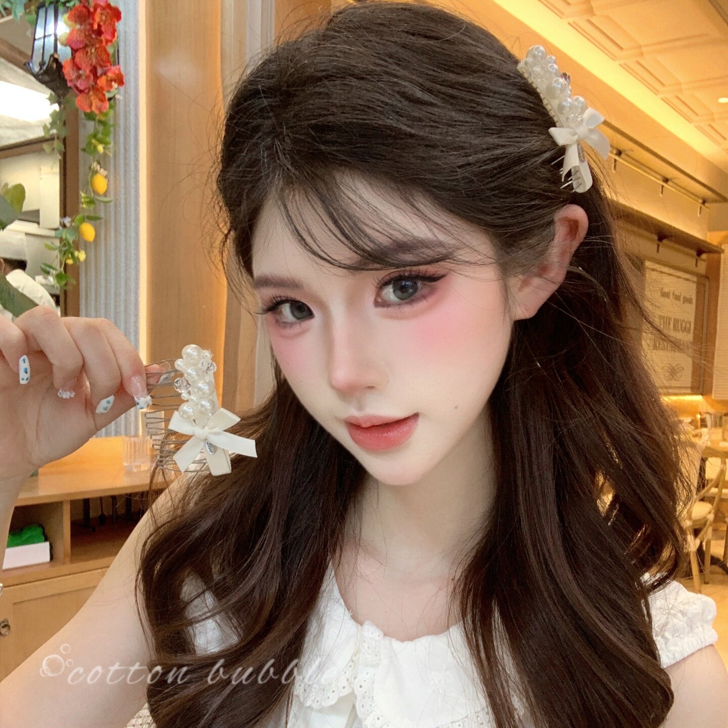 Korean style sweet little princess pearl bow hair comb, gentle and elegant fluffy comb, wispy bangs comb