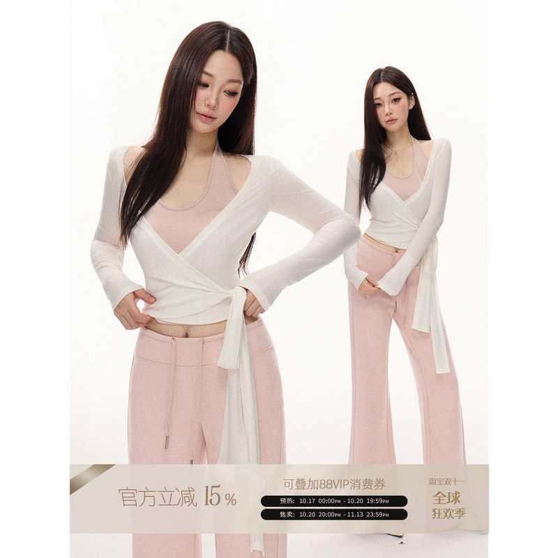 Rosy Bow Fake Two-Piece Halter Neck Tie-Up Long-Sleeve Top for Women, Early Spring New Style, Waist-Cinching, Slimming, Cross-Tie T-Shirt Rosy Bow Fake Two-Piece Halter Neck Tie-Up Long-Sleeve Top for Women, Early Spring New Style, Waist-Cinching, Slimming, Cross-Tie T-Shirt