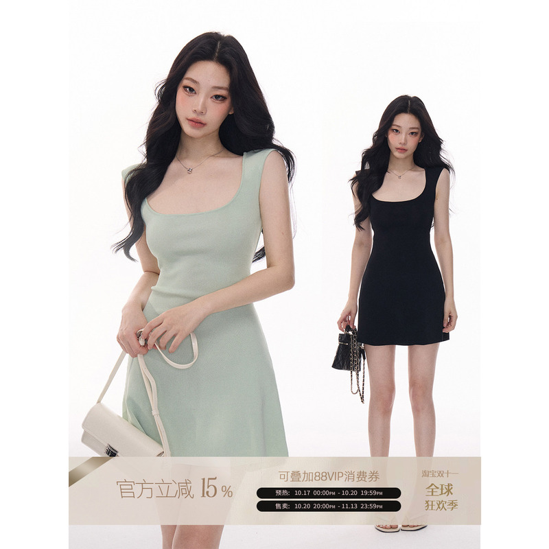 Rosy Bow Black Sleeveless Dress for Women, New Summer Style, Waist-Cinching, Slimming, Hip-Hugging, Hot Girl Short Skirt, A-Line Skirt