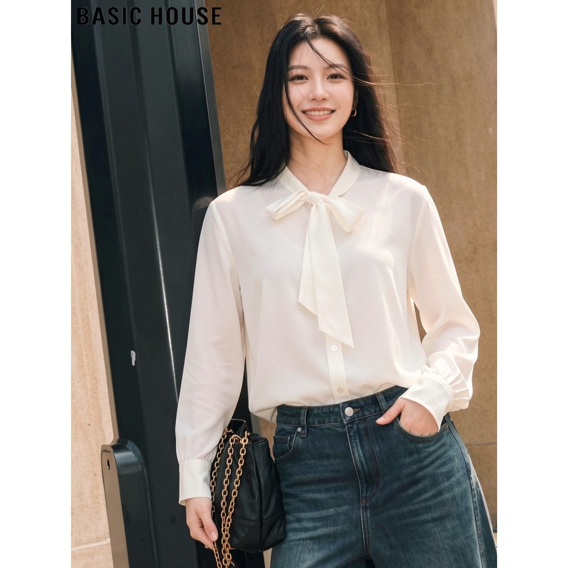 Basic House/Baijiahao French-Style White Stand-Up Collar Tie-Front Long-Sleeve Shirt for Women, Beautiful and Slimming Top for Autumn Basic House/Baijiahao French-Style White Stand-Up Collar Tie-Front Long-Sleeve Shirt for Women, Beautiful and Slimming Top for Autumn