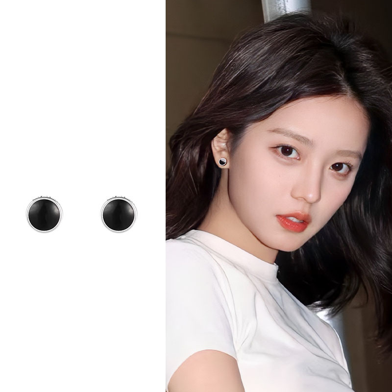 s999足银简约黑色耳钉女纯银小众设计气质冷淡风2024新款独特耳饰