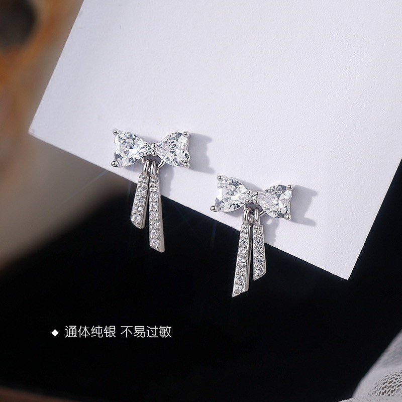 S999足银蝴蝶结流苏耳钉女小众设计轻奢纯银耳环锆石夏耳饰品批发