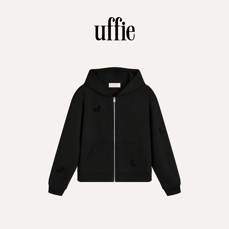 Uffie Yu Huie Black and White Heart-Shaped Rhinestone Zip-Up Hoodie