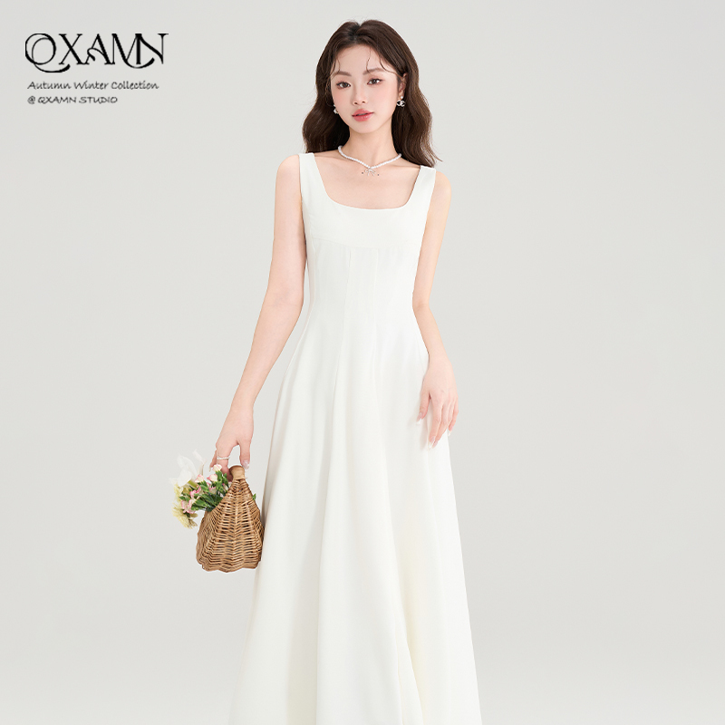 Autumn French-Style Simple and Elegant Spaghetti Strap Dress for Women, New Summer Collection, Flowy Long Dress, First Love White Dress