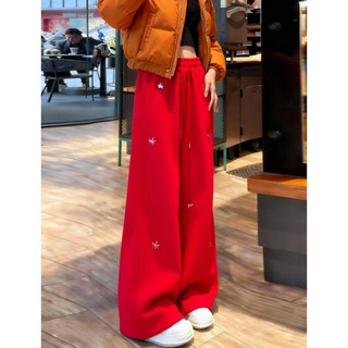 Casual Sports Pants for Women, American Style, Christmas 2025 Sweatpants, Thickened, Atmospheric, New Style, Embroidered, Red, Winter, Fleece-Lined