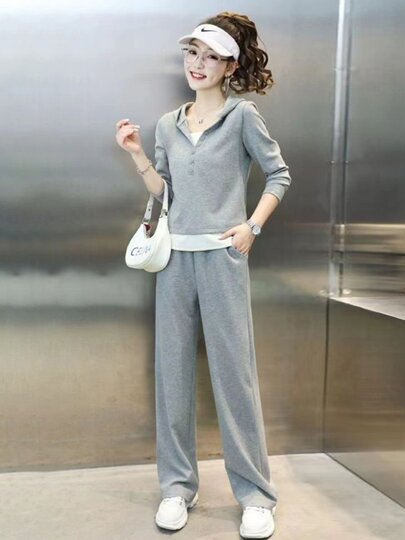 Two-Piece Set for Women, New Fashionable Wide-Leg Pants and Sweatshirt, Stylish Solid Color Casual Sports Suit for Spring and Autumn 2024