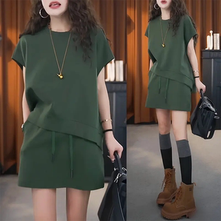 Short Skirt, Solid Color, Minimalist Style, Short-Sleeved Top, Two-Piece Set, Loose, Plus Size, Stylish, 2025 Summer New Style, Simple Women's Wear