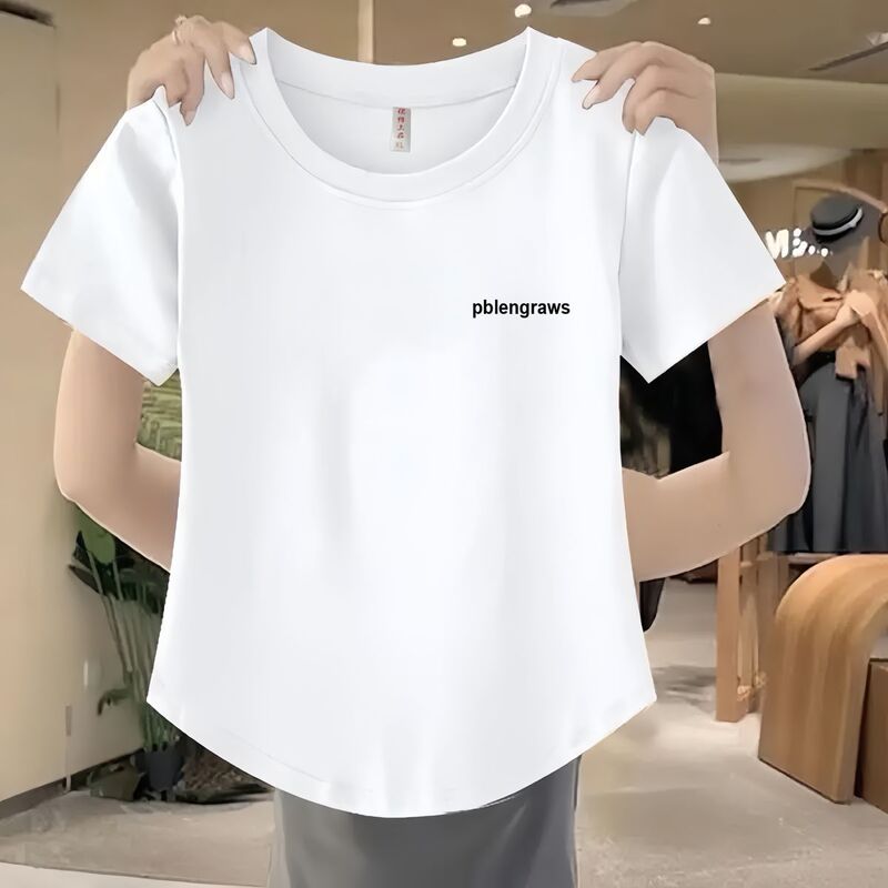 Curved Hem] Short-Sleeved T-Shirt for Women in Summer, Loose Round Neck, Right Shoulder, Slimming Look, Cool Cotton, Plus Size Women's Clothing