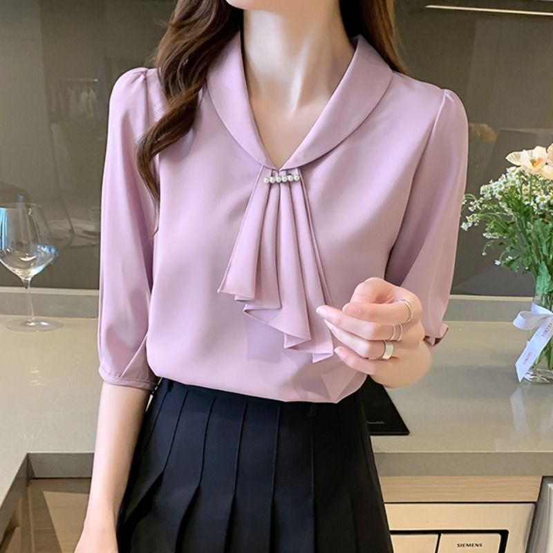 Guangdong Puning Women's Short-Sleeve Chiffon Shirt with Ribbon, Stylish Design Blouse, New Summer 2024 Collection