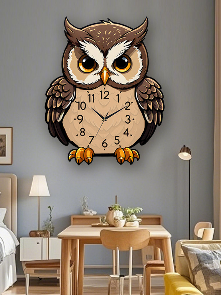 Owl Wall Clock Cartoon Creative Living Room Dining Table Clock Wall Decoration Silent No-Drill Personalized Simple Clock
