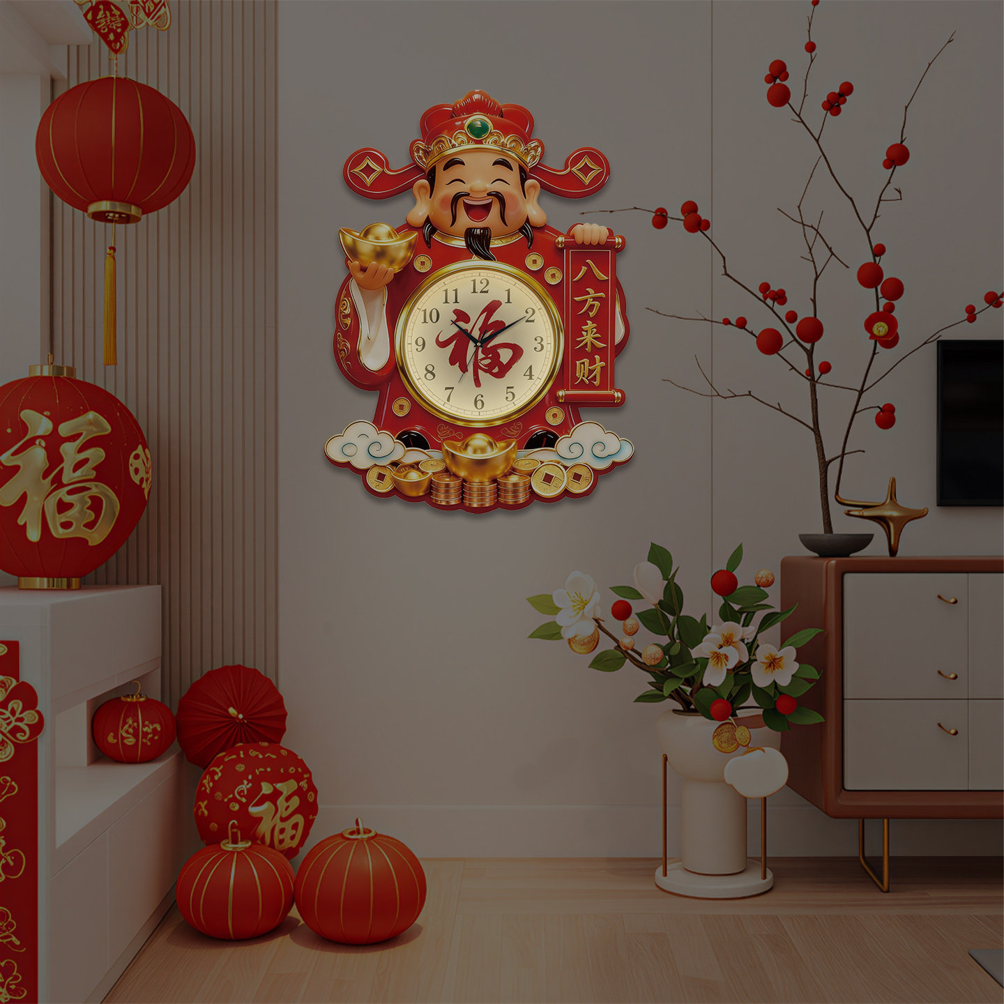 New Style God of Wealth Wall Clock with Glass Cover, New Chinese Style Home Clock, Quartz Clock, Wall Clock, Luminous