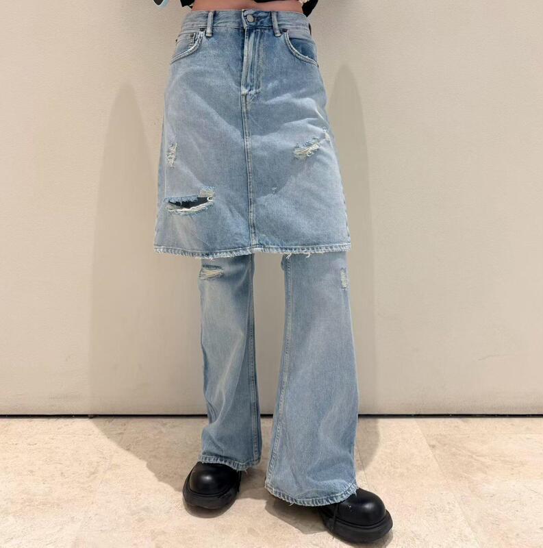 Correct Version】Rong Zuer's Same Style 26Ss Faux Two-Piece Ripped Wide-Leg Long Pants, Washed and Distressed Skirt Pants Jeans