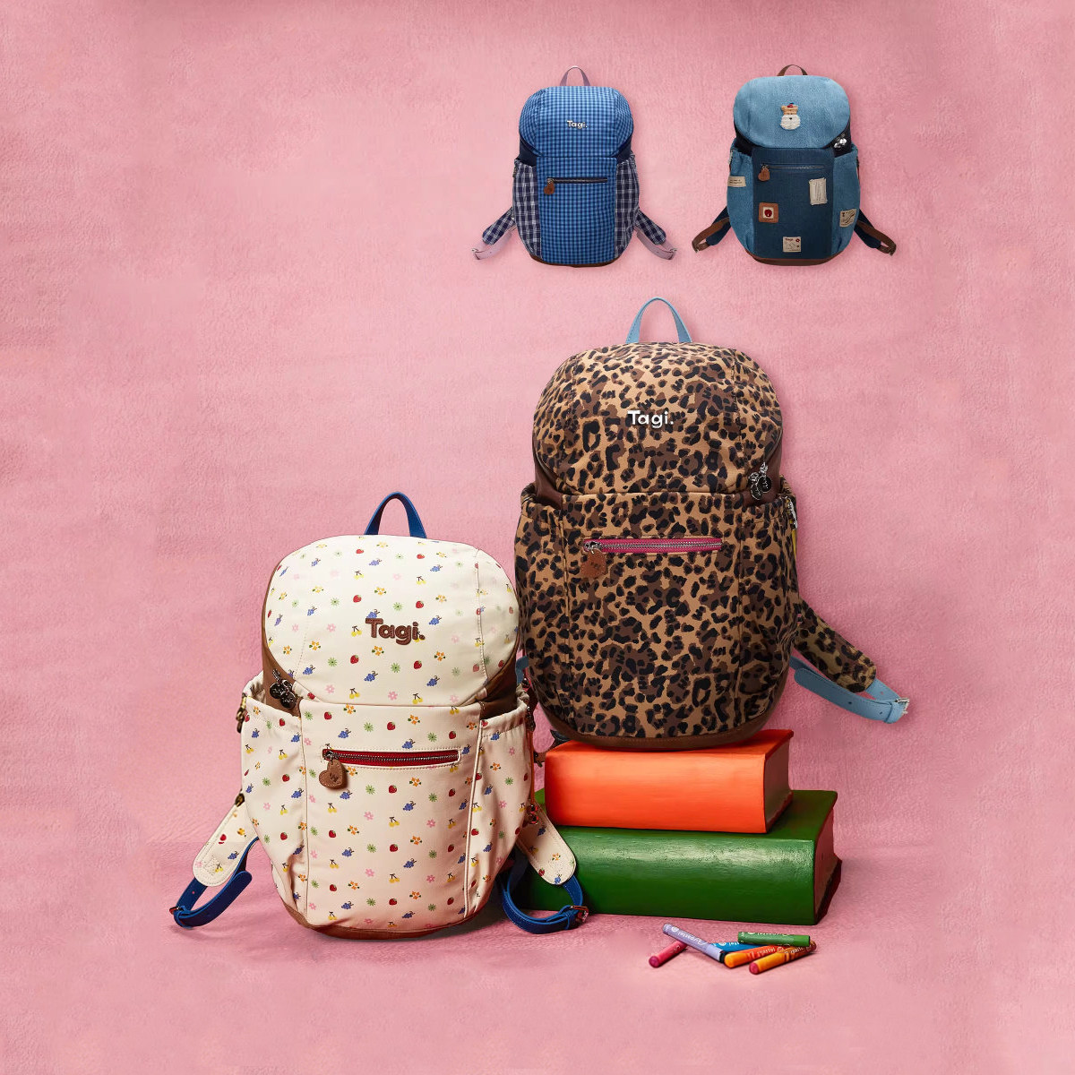 Tagi. Casual Large-Capacity Backpack with Adjustable Shoulder Straps for Travel and Commute. Leopard Print/Floral Denim Backpack.