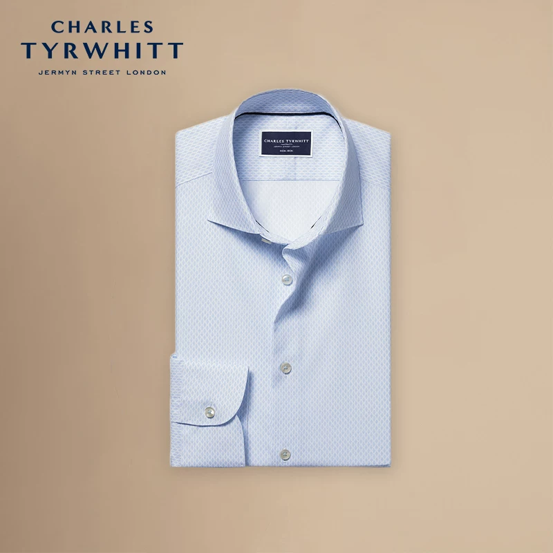 Рубашка CHARLES TYRWHITT облегающий светло-голубой алмазный клетчатый полуприлегающий воротник с микро-эластичностью, без залуживания (безглаженная)