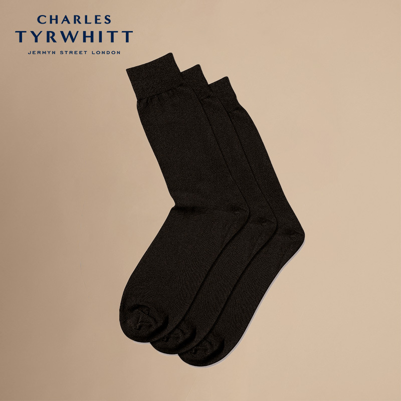 Charles Tyrwhitt Men's Black Socks Winter Formal Men's Cotton Socks Mid-High Tube 3 Pairs Pack